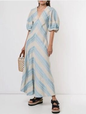 Lee Mathews Tilda Chevron Linen Blend Maxi Dress in Celadon Blue 4
